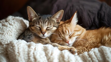 Two adorable cats peacefully sleeping on cozy blanket