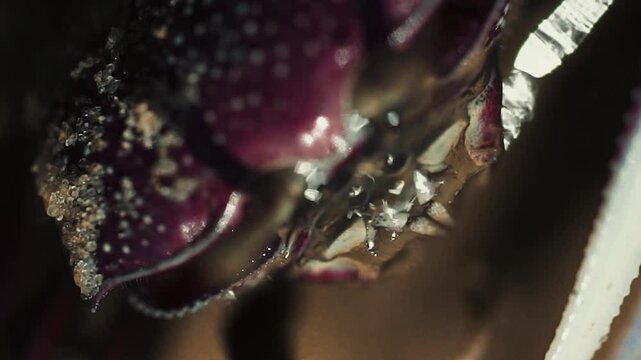 Crabe violoniste mauve en gros plan macro au ralenti en Casamance, mangeant avec sa pince droite, des bulles sur le visage et des poils visibles sur un sol humide de mangrove