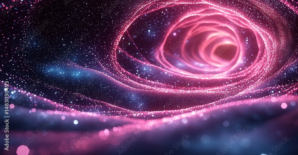 Poster a 3d illustration render depicting an abstract wormhole shape surrounded by particles as it traverse