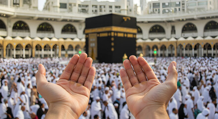 Devote Hands Praying Near Holy Kaaba in Mecca Saudi Arabia With Crowd and Islamic Architecture Under Day Light