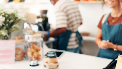 Blur, counter and barista at cafe for order, help or customer service at restaurant in morning. Hospitality, startup business and waitress at pay point for transaction, pos or sale at coffee shop.