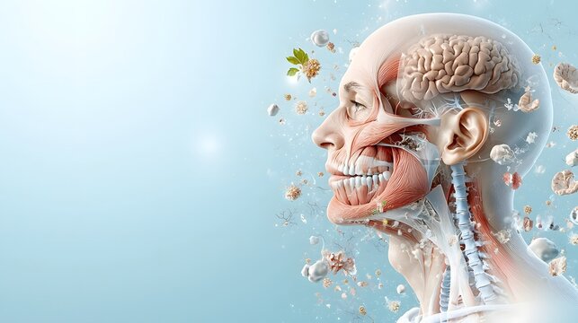 Detailed 3D rendered anatomical of the facial structure highlighting key areas and layers for potential cosmetic enhancements and treatments  Clear copy space available