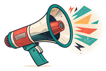 Halftone megaphone, loudspeaker in hand. Advertising speaker collage paper stickers in retro style, isolated on white background - generated by ai