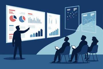 Create a vector illustration of a startup pitch scene  silhouetted investors listening intently to a presenter, showcasing a dynamic and professional atmosphere.