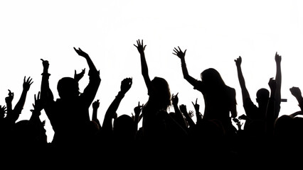 Excited crowd with raised hands at concert black white isolated on white background.PNG, AI GENERATED