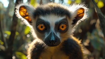 Close-up of a ring-tailed lemur with intense orange eyes in natural habitat