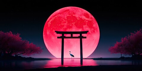 Majestic japanese scene with a red moon torii gate crane and cherry blossom trees at night