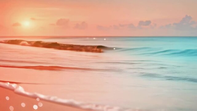 Serene beachscape at sunset with soft pastel hues reflecting on the ocean waves