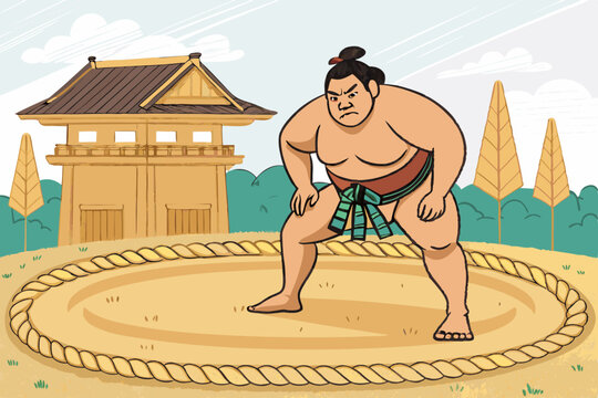 Create a vector illustration of a Sumo wrestler, featuring bold black outlines, traditional Japanese clothing, and a powerful stance.  Include detailed muscle definition.