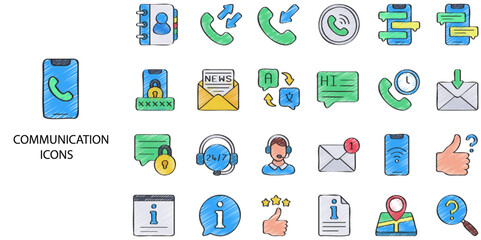 Communication simple concept 24 hand drawn color icons set .Vector illustration.