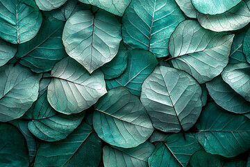 Teal and Green Leaf Texture Background, Closeup Botanical Pattern