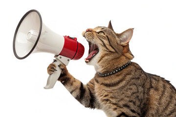 Tabby cat screaming into megaphone, announcement, bullhorn, pet, isolated on white background - generated by ai