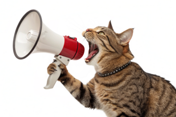 Tabby cat screaming into megaphone, announcement, bullhorn, pet, isolated on white background - generated by ai