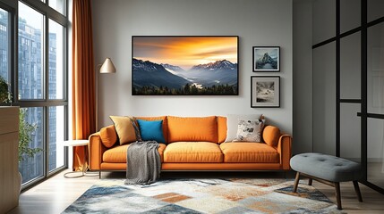 Modern orange sofa in a cozy living room with mountain landscape art, city view, and neutral decor.