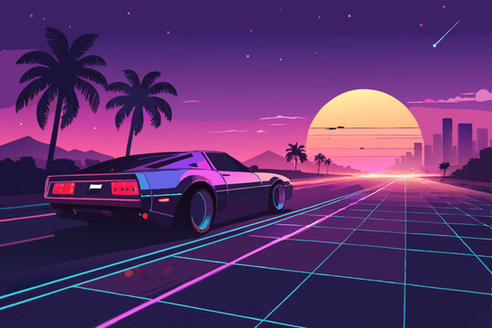 Synthwave-styled rendering of a vintage sports car speeding towards a vibrant neon sunset, glowing city skyline in background.