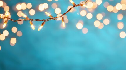 String lights glowing against a blue background with bright, out-of-focus bokeh effects.