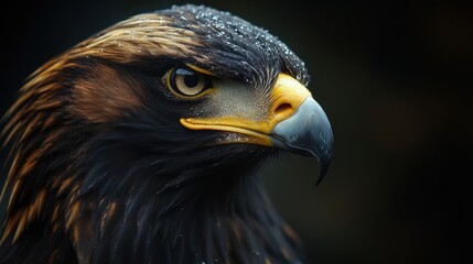 Fototapeta premium Close-up portrait of majestic golden eagle with intense gaze and dew-covered feathers