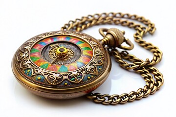 Naklejka premium Antique Pocket Watch with Chain, Vintage Timepiece, White Background Stock Photo