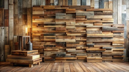Rustic Wooden Wall Decor with Stacked Wooden Furnishings and a Simple Lamp
