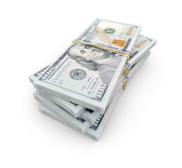 Stacks of Thousands of One Hundred Dollar Bills Bound by a Rubber Band. Transparent PNG.