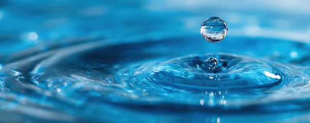 A single water droplet splashes into a calm blue surface, creating ripples and capturing a moment of motion and clarity.