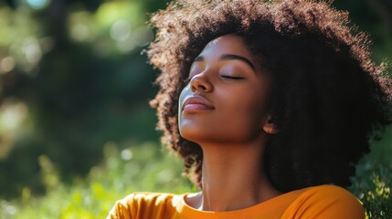 Young african female relaxing outdoors in sunlit garden serenity