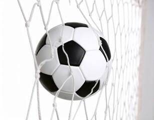 Soccer ball in the net over white background, football sports game scoring
