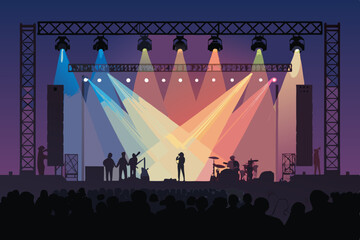 Create a vibrant vector illustration of a concert stage, showcasing bold lighting effects and a dynamic atmosphere.  Include detailed stage elements.