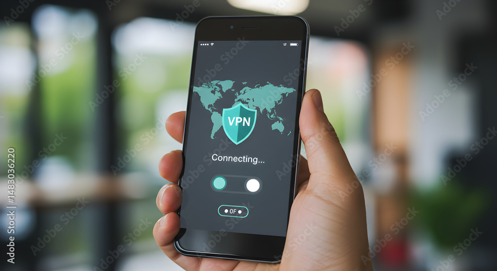 Poster hand holding smartphone displaying vpn application interface with world map graphic shield and toggl