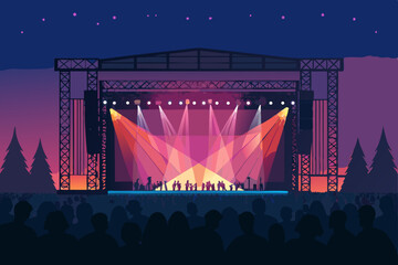 Design a vibrant vector background illustrating a concert stage with bold lighting effects, suitable for music event promotion.