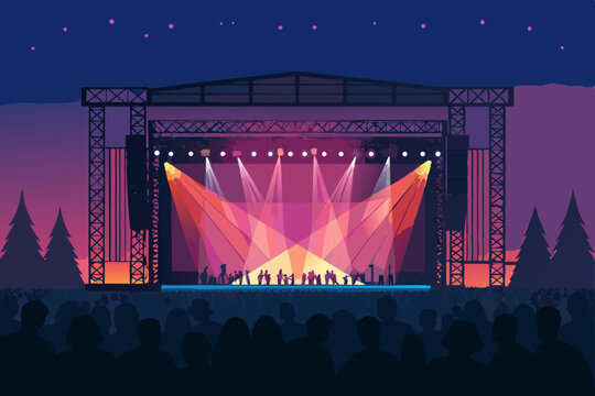 Design a vibrant vector background illustrating a concert stage with bold lighting effects, suitable for music event promotion.