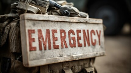 A weathered "EMERGENCY" sign is attached to a tactical backpack, highlighting urgent or crisis situations.