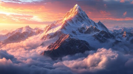Majestic snow-covered mountain peak at sunset with dramatic clouds and warm light