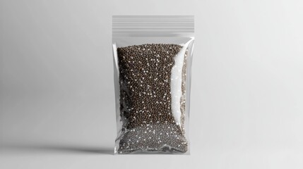 Clear resealable plastic bag filled with black and white static cling confetti or beads isolated on plain gray background for craft or decoration purposes