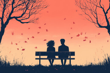 Couple sitting on bench in field.