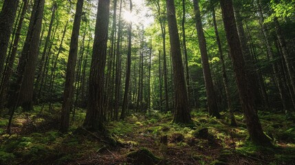 Obraz premium Sunlight filters through tall trees in a dense forest.