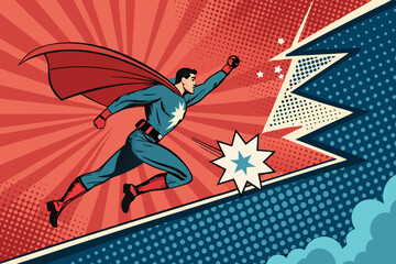 Create a vintage comic book style vector illustration featuring bold halftone dots, incorporating retro-style speech bubbles and a dynamic action scene.