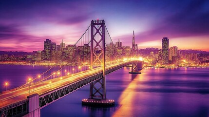City skyline at dawn with illuminated bridge