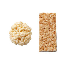 A close-up of puffed rice in two forms: a round ball and a rectangular bar, both displayed on a white isolated background, ideal for healthy snack concepts.