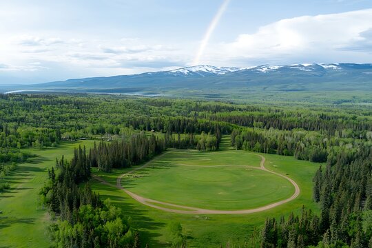 Aerial view of a circular field nestled in a valley surrounded by pine forest, mountains in the distance, and a vibrant green landscape - Powered by Adobe
