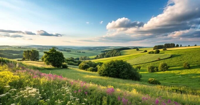 summer landscape with green field and blue sky