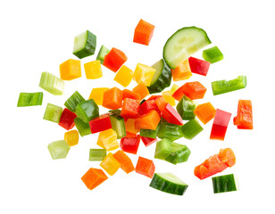colorful chopped vegetables flying in air with diced peppers cucumbers and carrots on isolated background, fresh ingredients for salad and healthy food concept

