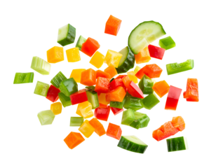 colorful chopped vegetables flying in air with diced peppers cucumbers and carrots on isolated background, fresh ingredients for salad and healthy food concept
