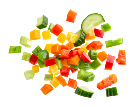 colorful chopped vegetables flying in air with diced peppers cucumbers and carrots on isolated background, fresh ingredients for salad and healthy food concept
