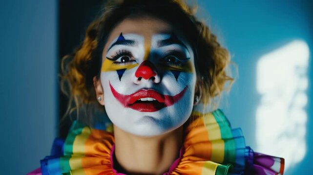 Cinematic close-up portrait of a young female clown with colorful rainbow ruffle collar showing changing emotions against moody studio lighting