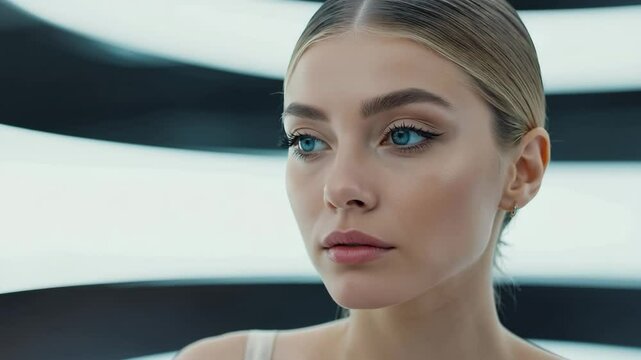 Minimalist beauty close-up of young woman posing in futuristic white LED light stripes, calm expression and flawless skin