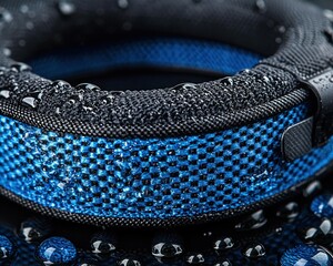 Obraz premium Water droplets on textured, blue and black circular object