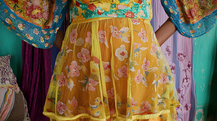 Vibrant yellow dress with floral print and sheer layers.  A multicolored, patterned top and sheer, yellow skirt with a floral design are visible