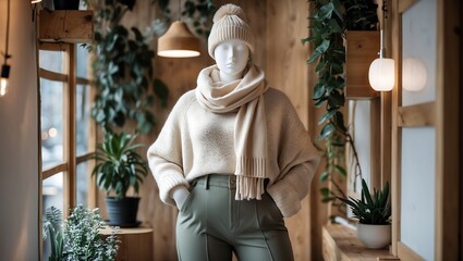 A cozy indoor corner shows a mannequin dressed in a soft sweater, scarf, and hat with green pants