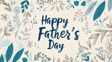 Hand-drawn Father's Day banner with sketch-style elements, handwritten text "Happy Father's Day", soft blue and beige color palette, heartwarming and personal, high-quality illustration